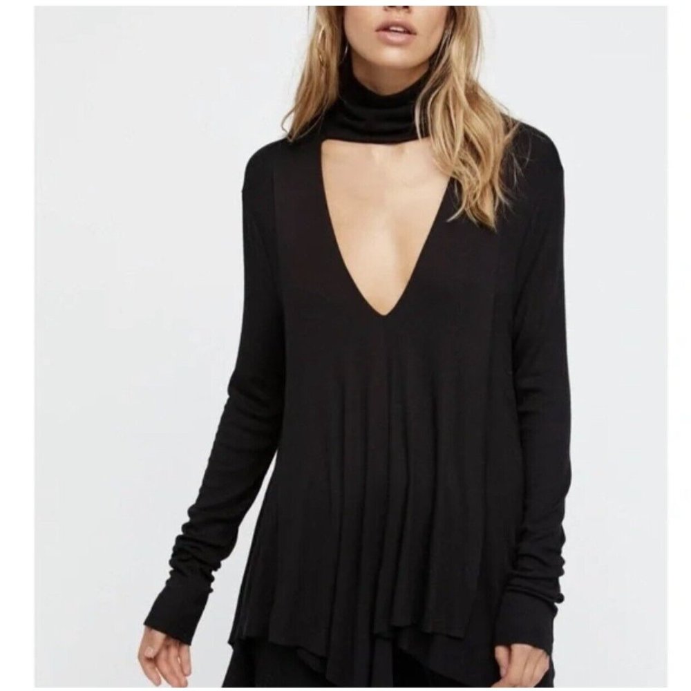 Free People Uptown Choker Long Sleeve Plunging V-Neck Tunic Top Black Size S